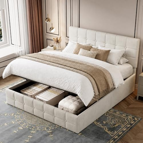 Jaxenor 4ft6 Double Ottoman Bed, Upholstered Bed Frame with Hydraulic Storage, Velvet Double Bed Frame with Adjustable Button Tufted Headboard, Metal-Wood Support, No Mattress, Beige