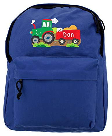 Custom Personalised Tractor Blue Backpack. Adjustable Padded Straps, Front Zip Pocket, 3-11 Years. Back to school
