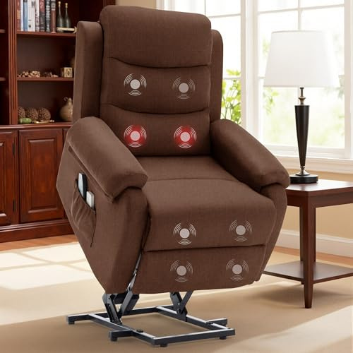 Korser Relaxsessel mit Liegefunktion für Erwachsene, Elektrischer Fernsehsessel mit Aufstehhilfe, Massagesessel mit Wärmefunktion, TV Sessel mit Memory-Funktion für Wohnzimmer Schlafzimmer, Braun