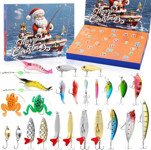 TABKSOLA Angel Adventskalender 2025 – 24-teiliges Köder-Set für Herren, Jugendliche & Erwachsene Angelliebhaber, Weihnachts-Adventskalender Geschenk für Fischer