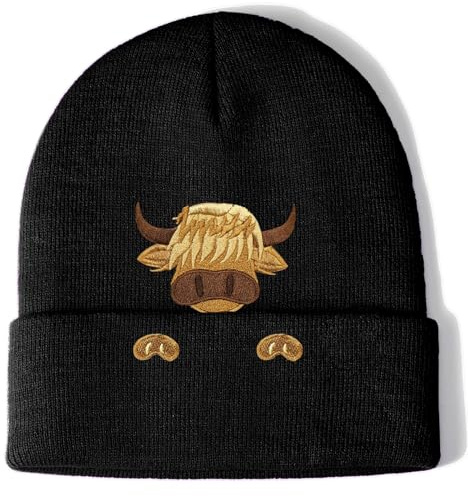 Aretas Highland Cow Kuh Mütze Beanie Hut Haube Geschenke für Damen Herren Schottischer Hochlandrind Deko Geschenk Süße Kawaii lustige Tier Sachen Gestrickter Hut mit Stickerei