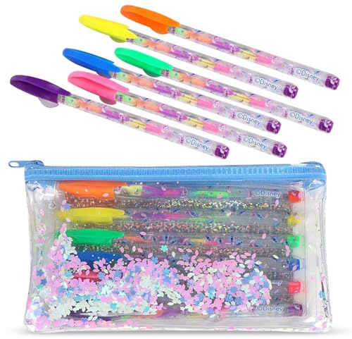 Stitch – Set de 6 Stylos Gel Colorés avec Trousse Pailletée | Papeterie Fille, Accessoires École et Coloriage | Idée Cadeau Stitch Anniversaire Enfant