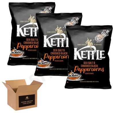 Kettle Chips Variety Flavoured Potato Crisps Snacks – Hand Cooked Thick Cut Crispy | Sea Salt, Balsamic Vinegar & more – Crunchy Vegetarian (Pack 3, Sea Salt & Crushed Black Peppercorns 130g)