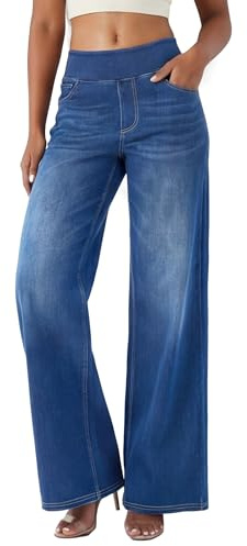 Fiita Baggy Jeans Damen, Pull On Wide Leg Jeans Mit Gummibund High Waist Stretch,Weites Bein Jeans Damen Mit 4 Taschen Y2K Hosen Damen