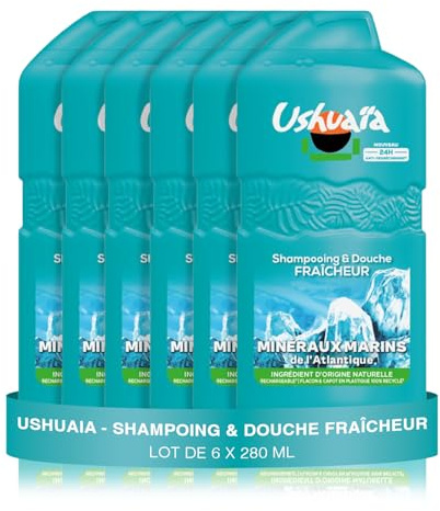 Ushuaïa Shampoing Douche 2en1 Minéraux Marins pH Neutre Lot de 6x280ml | Océan Atlantique, Protection anti-dessèchement 24h, Formule vegan testée dermatologiquement, Parfum longue durée