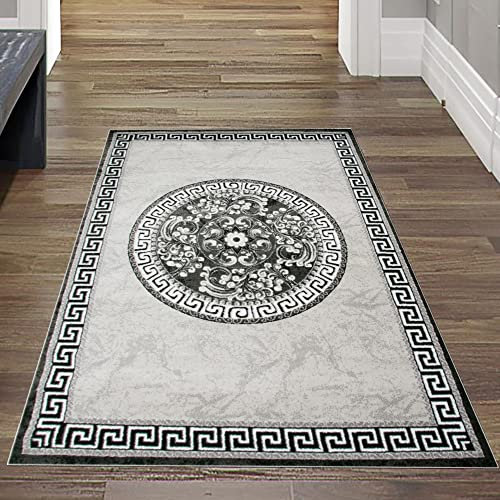 Teppich-Traum FLURLÄUFER Orientteppich mit Glitzergarn | Bordüre & Verzierungen in Kreisform | grau anthrazit Creme Größe 80x150 cm