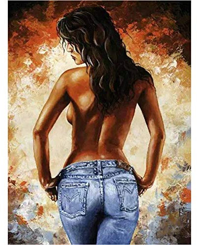 ABEUTY Malen nach Zahlen für Erwachsene Anfänger – nacktes Mädchen mit Jeans, 40,6 x 50,8 cm, Anti-Stress-Spielzeug (kein Rahmen)