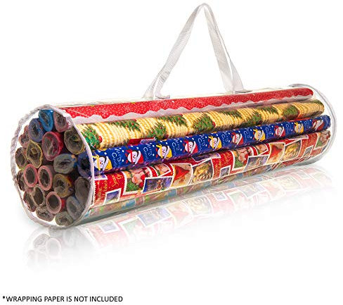 FiNeWaY Christmas Cylinder Gift Wrap Storage Clear Bag Wrapping Paper Organiser Xmas Christmas Tidy – Stores Baubles Tinsels Lights Bows Heavy Duty Material Birthday Wedding Party