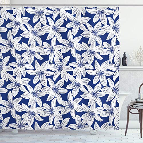 ABAKUHAUS Floral Duschvorhang, Hibiscus Blütenblätter, Stoffliches Gewebe Badezimmerdekorationsset mit Haken, 175 x 200 cm, Weiß Dunkelblau