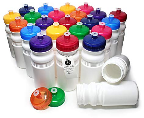 Rolling Sands USA Made 20 Ounce Sports Water Bottles - 24-Pack Bulk BPA-Free Blank Sports Bottles for Teams & Classrooms - White Bottle/Variety Lid, No Smell No Taste