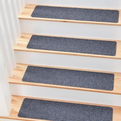 MBIGM 15er Set Stufenmatten 20 cm X 65 cm Treppenteppich Selbstklebend Sicherheit Stufenteppich für Kinder, Älteste und Haustiere, Grau