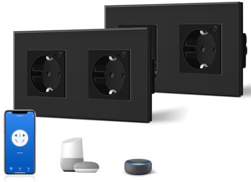 BSEED Schuko Wifi Steckdose 16A Smart Alexa Glassteckdose, 2 er Pack Doppelsteckdose 2 Weg Schwarz 157mm Unterputz-Installation APP-Steuerung Arbeit mit Alexa/Google Home DIY Free Spin Nur 2.4 GHz