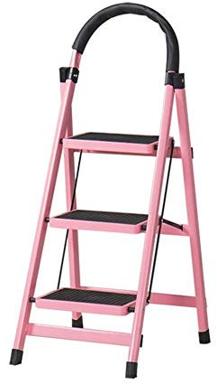 MJY Pink Metal Step Ladder for Woman, Lightweight Wide Pedal Non-Slip Stair Ladder with Armrest, Fits Indoor/Outdoor, 3 Step,Pink,3 step