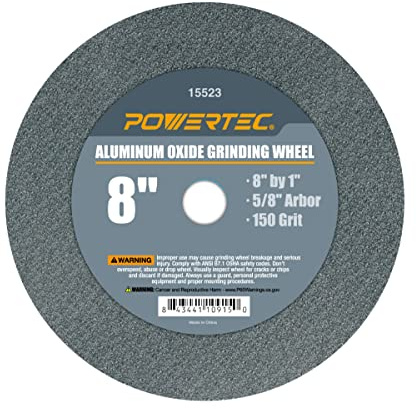 POWERTEC Bench Grinder Wheel 8 Inch 150 Grit, Aluminum Oxide Grinding Wheel for Bench Pedestal Grinder, 1 Thick 5/8 Arbor, Sharpening & Shaping Drill Bits, Blade, and Chisel 1PK (15523)