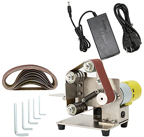 Mini Levigatrice Elettrica a Nastro Smerigliatrice Levigatrice da Banco Lucidatrice Fai da Te Levigatrice Affilatrice Motore con Anima in Ottone 4500-9000 Giri/min Regolabile(EU Plug 895(200W))
