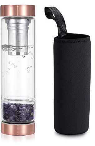 Filhome Wasserflasche mit Amethyst Kristallflasche mit Edelstein zum wechselnEdelstein zum wechseln Kristalltherapie für Entspannung und Ausgleich 400ML (Amethyst)