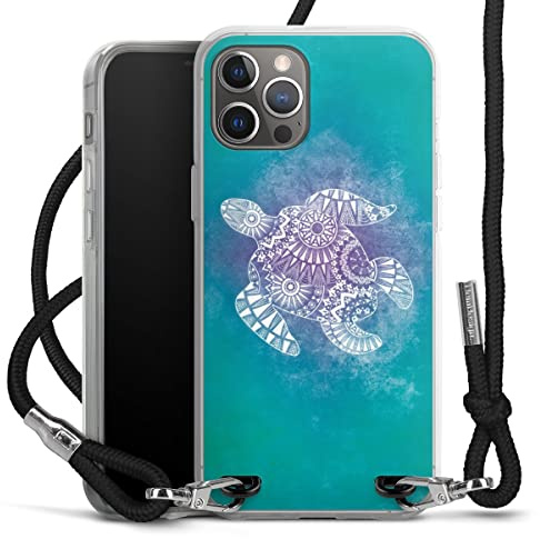 Carry Case kompatibel mit Apple iPhone 12 Pro Hülle mit Band Handykette zum Umhängen schwarz Schildkröte Batik Mandala
