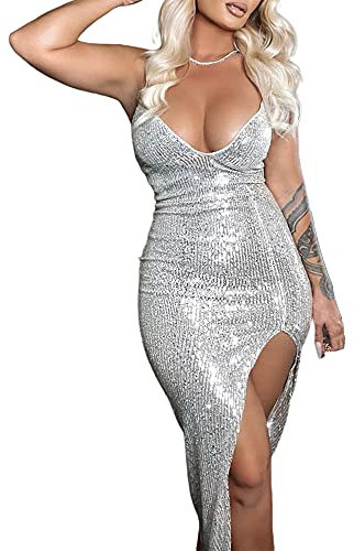 Geagodelia Abito da Donna Sexy con Spacco Abito Lungo Donna Elegante a Tracolla con Scollo a V Profondo con Paillettes Vestito Donna Cocktail Abito da Sera Estivo (Argento, M)