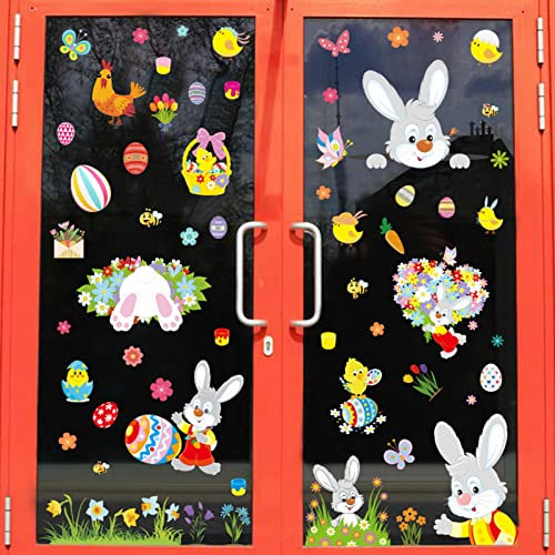 Deggodech 9 Blätter Fensteraufkleber Ostern, Ostern Fensterbilder Fensterdekoration mit Hasen Ostereier Muster Küken Ei Karotte für Kinderzimmer Oster Dekorationen (Kaninchen)