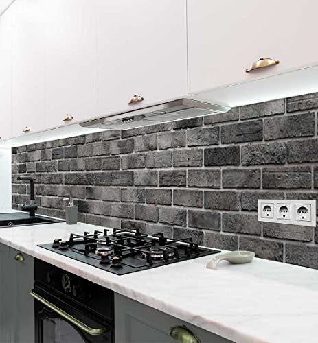 MyMaxxi Küchenrückwand Folie selbstklebend matt - einfache Montage ohne Bohren 0,4mm stark Versteift - Motiv Backsteinwand grau 60cm hoch - Spritzschutz Küche Klebefolie - Steine Mauer 400 x 60cm