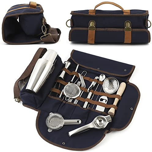 Reise-Barkeeper-Set Tasche, Reise-Bar-Set, tragbare Mixologie-Sets, 23-teilig, dunkelblau, silber, professionelles Barkeeper-Zubehör, Starter-Mixer, mobiles Barzubehör-Set Houseables