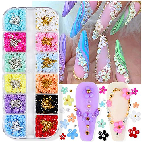 Dornail 12 Gitter 3D Blume Nagel Charms 12 Farben Acryl Blumen Nail Strasssteine Gemischt Kirschblüte Gold Silber Perlen Nägel Zubehör DIY Nagelkunst Nageldesign Nail Art Dekoration Set
