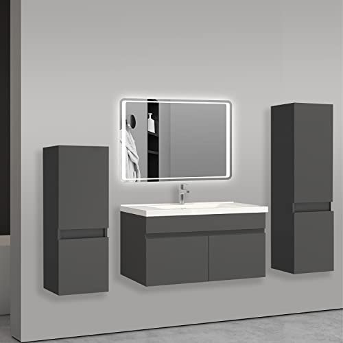 AICA sanitaire Ensemble de Meuble de Salle de Bain Anthracite Clair 79.5cm+Vasque+Miroir+Colonne Meuble Salle de Bain-Armoire de Rangement-Meubles-lavabos