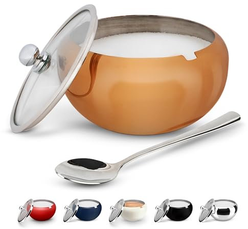 KooK Sugar Bowl, Sugar Bowl with Lid and Spoon, Sugar Container with Lid, for Salt, Coffee, Holds 2 Cups, Dishwasher Safe, Copper, 16 Oz