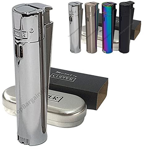 Zactly - Clipper Metal Electronic Jet Lighter, Dustproof Windproof Refillable Adjustable Stainless Steel Lighter with Gift Tin Case (Silver Chrome Finish)