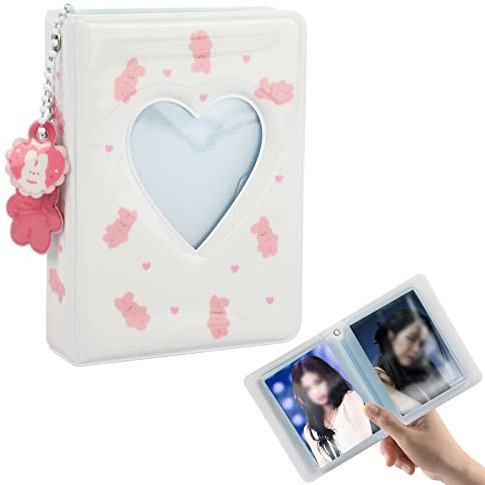 40 Taschen Fotobinder Album, Kpop Mini Fotokartenhalter Buch mit Lovely Anhänger, Herz Hohl Niedliches Eichhörnchen oder Katze Muster für Foto Bild Sammlung (Weiß)