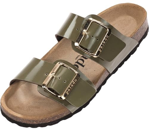 Palado Pantoletten Damen Samos EGS - bequeme Sandalen Made in Spain - Hausschuhe mit dämpfendem Kork-Fußbett - modische Sommerschuhe Khaki Lack UK6 - EU39