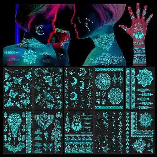 DPKOW Blau im Dunkeln leuchtende temporäre Tattoos Henna Spitze für Frauen Mädchen Hand Arm Körperkunst, 10 Blätter Mandala Blume temporäre Tattoo Aufkleber Mond Stern Schmetterling Klebetattoos Neon
