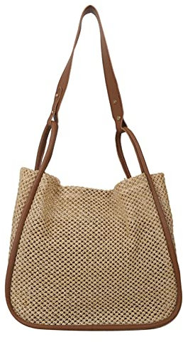 DKIIL NOIYB Straw Bag Beach Bags for Women, Summer Straw Shoulder Bag Woven Straw Beach Tote Bag Large Straw Handbags with Leather Handles 31cm