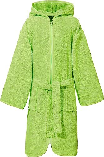 Erwin Müller Kinder-Bademantel mit Reißverschluss, Bindegürtel und Kapuze uni Frottier - weich, saugstark, mit Taschen, 100% Baumwolle - hellgrün Größe 110/116