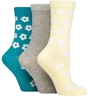 SockShop Wildfeet Ladies Bamboo Socks -Patterned Fun and Colourful Soft Breathable Socks Multipack of 3 Pairs (UK, Numeric, 4, 8, Regular, Regular, Flowers Yellow/Grey/Teal)