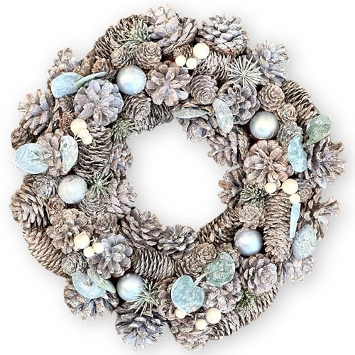 MIJOMA Weihnachtskranz Tannenzapfenkranz - Wunderschöne Winterliche Dekoration für Wand und Tür - Handgearbeiteter Adventskranz mit echten Tannenzapfen, künstlicher Tanne und Beeren (Silber/braun)