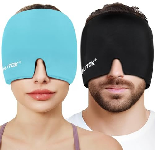 Migraine Relief Gel Ice Head Wrap, Hot and Cold Therapy Headache Relief Hat, Migraine Cap for Puffy Eyes, Headache Eyes Mask for Sinus, Tension and Stress Relief (Black & Blue)