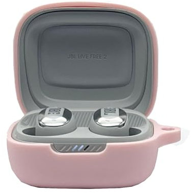 Silicone Case Cover Compatible with JBL Live Free 2/JBL Live Pro 2TWS True Wireless Earbuds, Protective Earphones Skin Cover with Keychain Hook (Pink)