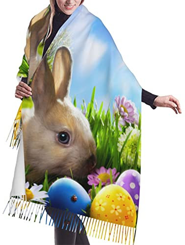 ButxeT Schal mit Fransen, Osterhase und bunte Eier, weicher Deckenschal, langer, warmer Schal, Schals aus Kaschmir mit Fransen 196x68 cm