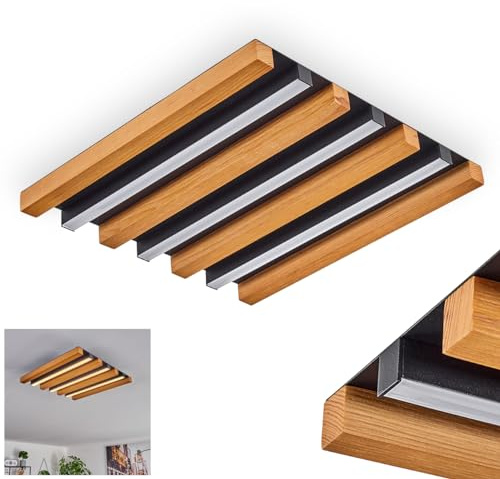 HOFSTEIN LED Deckenleuchte Favorina, moderne Deckenlampe aus Metall/Holz/Kunststoff in Schwarz/Natur/Weiß, Leuchte im Boho-Design, 15 Watt, 1600 Lumen, 3000 Kelvin, Wohnzimmer, Esszimmer, Küche