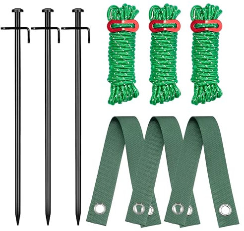 Kingsyard Heavy Duty Tree Stake Kit, 3 Pcs 12 Inch Steel Tree Stakes and Supports for Leaning Young Trees Straightening Kit Against Bad Weather, with 6Pcs Straps & 6Pcs 13ft Anchor Ropes