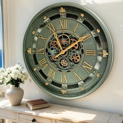ImprovingLife The Gears Clock Wanduhr mit echten beweglichen Zahnrädern, Belgische Linie mit Glasabdeckung, Grün, 66 cm