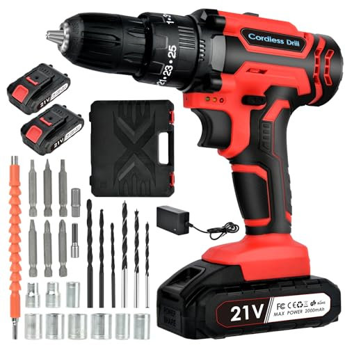 Taladro Atornillador Bateria Destornillador Electrico - Taladro Bateria 21V - Juego de Taladro Inalámbrico con 2 Baterías 2000mAh 24 Piezas Taladro 25+3 Ajuste de Par para Reparaciones Bricolaje