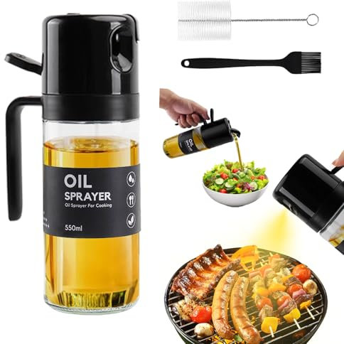 SUWMUWFU Pulverizador de aceite 2 en 1, pulverizador de aceite para freidora de aire caliente, 550 ml, botella pulverizadora de aceite para cocinar (negro)
