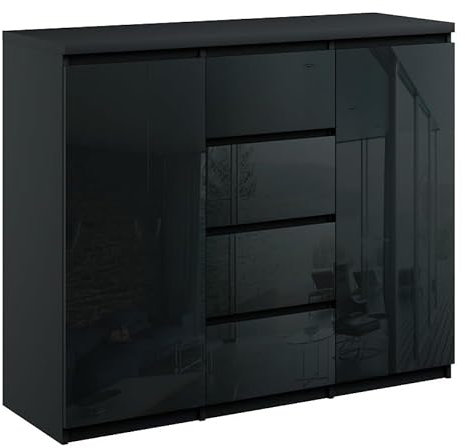 roe furniture Kommode mit 4 Schubladen & 2 Schränke - Modern Schubladenschrank - Komodenschrank - Schubladenkommode 140 cm Breit - Schwarz Hochglanz
