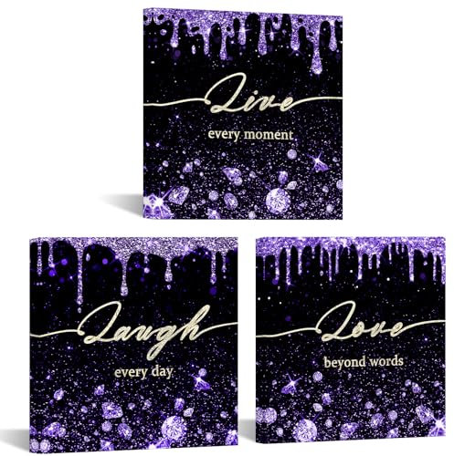 Conipit Leinwandbild, Motiv: Live Laugh Love, 3 Bilderrahmen, modische Kunst, modernes Kunstwerk, violettes Glamour-Gemälde für Mädchenzimmer, Wanddekoration (30,5 x 30,5 x 30,5 x 30,5 cm, 3 Stück