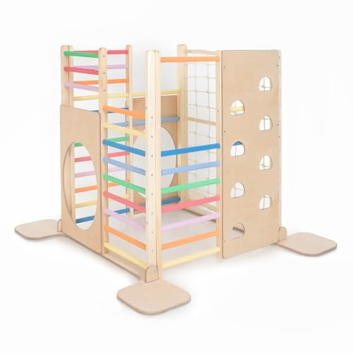 HOMEforDREAMS Holz Montessori-Inspirierter Quadratischer Kletterturm für Kleinkinde: Faltbarer Indoor-Spielplatz mit Zubehörbrettern (Regenbogen, Ohne Zubehör)