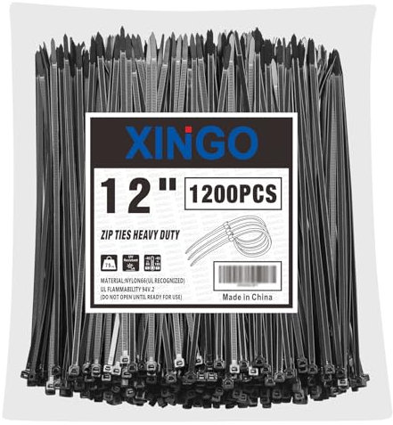 XINGO 1200 Stück Kabelbinder Schwarz, 300mm x 5.8mm, 34 kg Zugfestigkeit, UV-beständig, Selbstsichernde Kabelbinder für drinnen und drauße