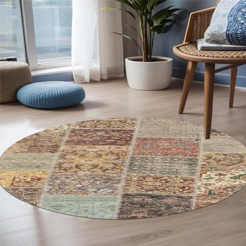 bamyum Nadine Bedruckter Teppich Chenille-Druck Maschinell Hergestellt 160 x 160 cm, Waschbarer Patchwork Vintage Teppich Schlafzimmer, Antibakteriell Antirutschunterlage Küchenteppich