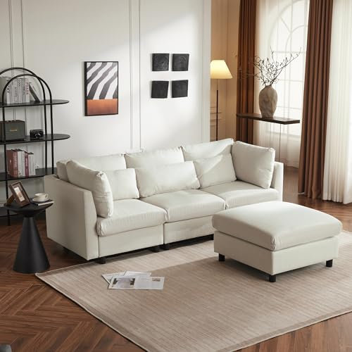 Modernes Ecksofa mit Fußhocker, L-förmiges Design, Dreisitzer, Schlafsofa mit Bettkasten, Polstermöbel für Wohnzimmer, Couch mit Schlaffunktion, Big Sofa Bed, Schlafcouch, Sofas & Couches (Beige)